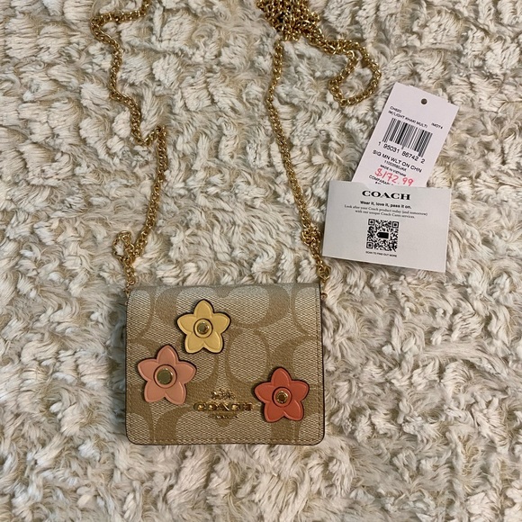 NWT Coach Signature Mini Wallet Appliqué Floral Design on Gold Chain - Picture 2 of 10